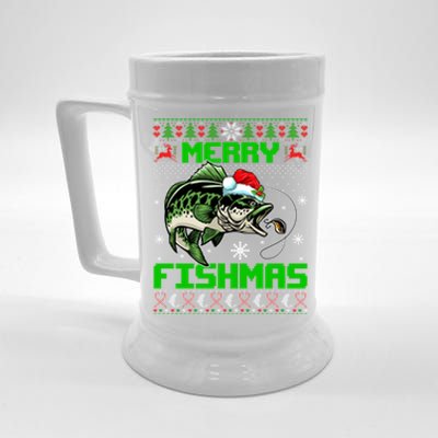 Merry Fishmas Santa Bass Fish Christmas Fishing Ugly Sweater Meaningful Gift Beer Stein