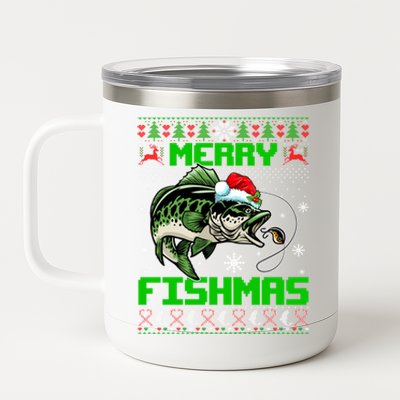 Merry Fishmas Santa Bass Fish Christmas Fishing Ugly Sweater Meaningful Gift 12 oz Stainless Steel Tumbler Cup