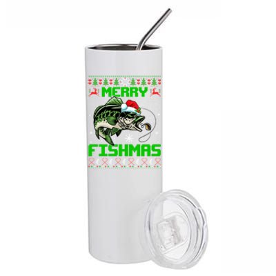 Merry Fishmas Santa Bass Fish Christmas Fishing Ugly Sweater Meaningful Gift Stainless Steel Tumbler