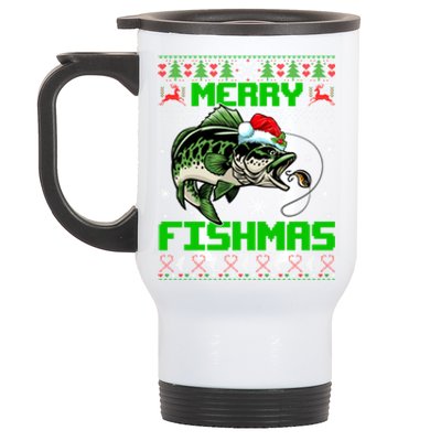 Merry Fishmas Santa Bass Fish Christmas Fishing Ugly Sweater Meaningful Gift Stainless Steel Travel Mug