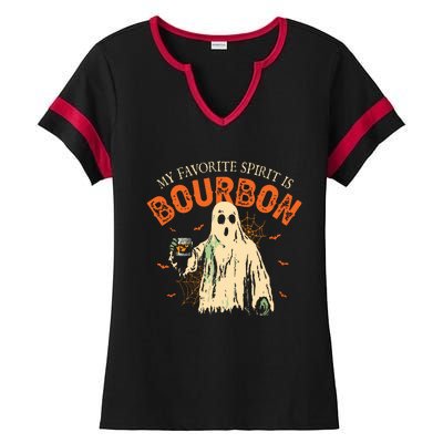 My Favorite Spirit Is Bourbon Funny Ghost Halloween Costume Ladies Halftime Notch Neck Tee