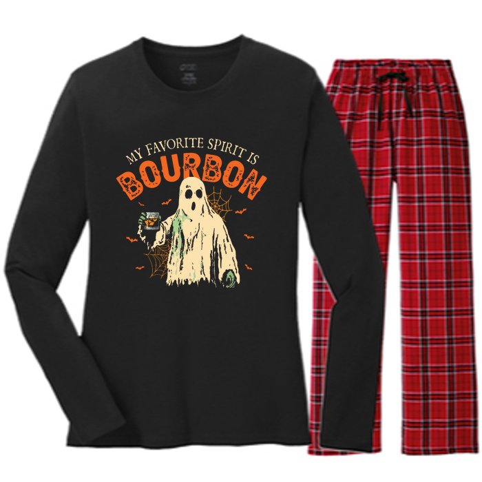 My Favorite Spirit Is Bourbon Funny Ghost Halloween Costume Women's Long Sleeve Flannel Pajama Set 