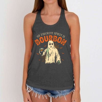 My Favorite Spirit Is Bourbon Funny Ghost Halloween Costume Women's Knotted Racerback Tank