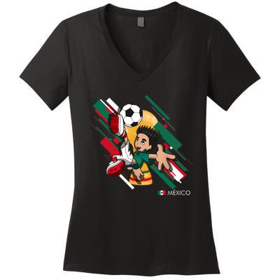 Mexico Football Soccer Playing Soccer Goal Dabbing Women's V-Neck T-Shirt