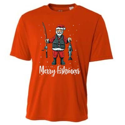 Merry Fishmas Santa Christmas Fisherman Cooling Performance Crew T-Shirt