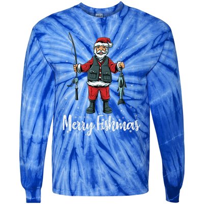 Merry Fishmas Santa Christmas Fisherman Tie-Dye Long Sleeve Shirt