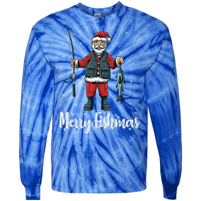 Merry Fishmas Santa Christmas Fisherman Tie-Dye Long Sleeve Shirt