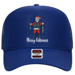 Merry Fishmas Santa Christmas Fisherman High Crown Mesh Back Trucker Hat