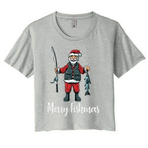 Merry Fishmas Santa Christmas Fisherman Women's Crop Top Tee