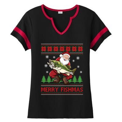 Merry Fishmas Santa Fishing Ugly Christmas Sweater Style Long Sleeve Ladies Halftime Notch Neck Tee