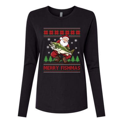 Merry Fishmas Santa Fishing Ugly Christmas Sweater Style Long Sleeve Womens Cotton Relaxed Long Sleeve T-Shirt