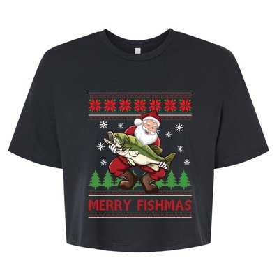 Merry Fishmas Santa Fishing Ugly Christmas Sweater Style Long Sleeve Bella+Canvas Jersey Crop Tee