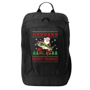 Merry Fishmas Santa Fishing Ugly Christmas Sweater Style Long Sleeve City Backpack