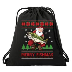 Merry Fishmas Santa Fishing Ugly Christmas Sweater Style Long Sleeve Drawstring Bag