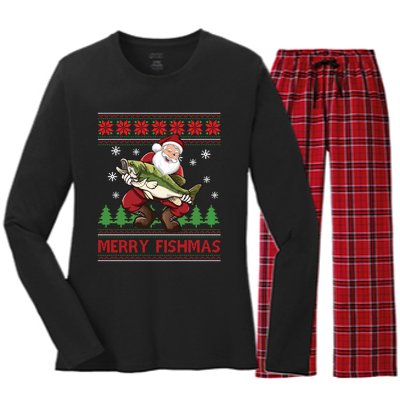 Merry Fishmas Santa Fishing Ugly Christmas Sweater Style Long Sleeve Women's Long Sleeve Flannel Pajama Set 