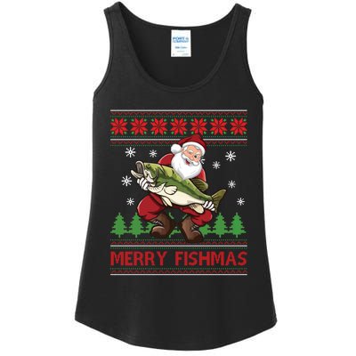 Merry Fishmas Santa Fishing Ugly Christmas Sweater Style Long Sleeve Ladies Essential Tank