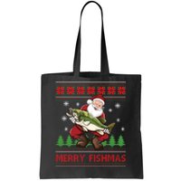 Merry Fishmas Santa Fishing Ugly Christmas Sweater Style Long Sleeve Tote Bag