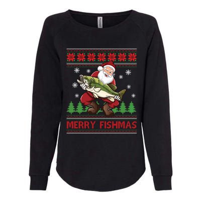 Merry Fishmas Santa Fishing Ugly Christmas Sweater Style Long Sleeve Womens California Wash Sweatshirt