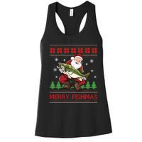 Merry Fishmas Santa Fishing Ugly Christmas Sweater Style Long Sleeve Women's Racerback Tank