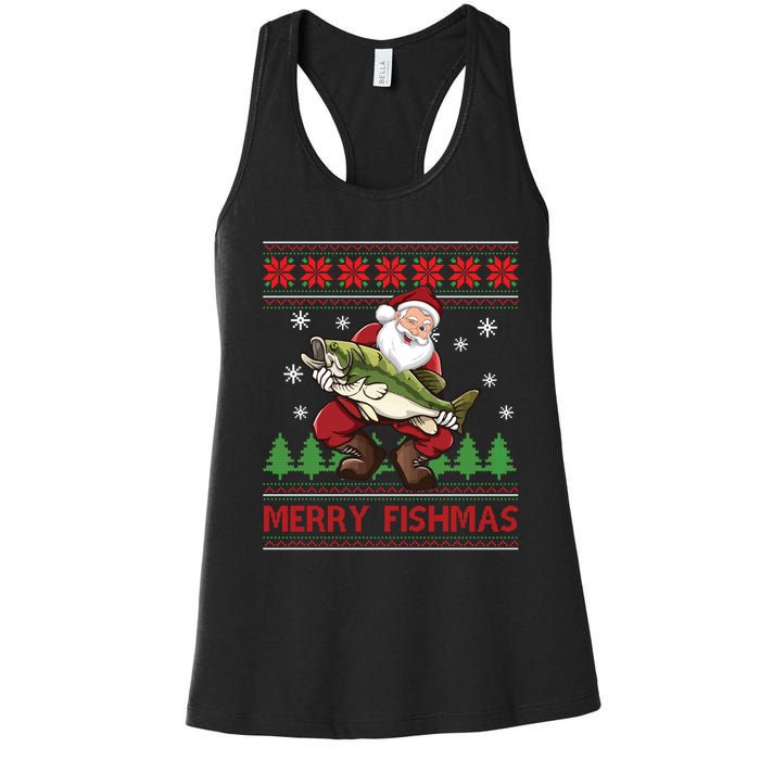 Merry Fishmas Santa Fishing Ugly Christmas Sweater Style Long Sleeve Women's Racerback Tank