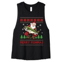 Merry Fishmas Santa Fishing Ugly Christmas Sweater Style Long Sleeve Women's Racerback Cropped Tank