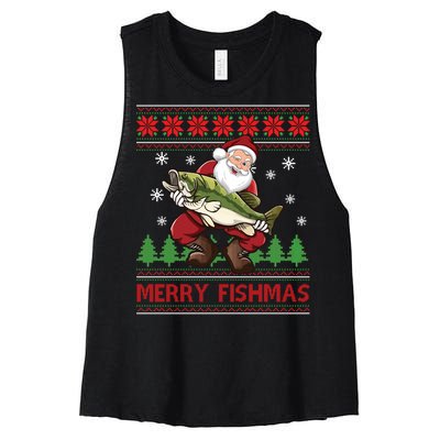 Merry Fishmas Santa Fishing Ugly Christmas Sweater Style Long Sleeve Women's Racerback Cropped Tank