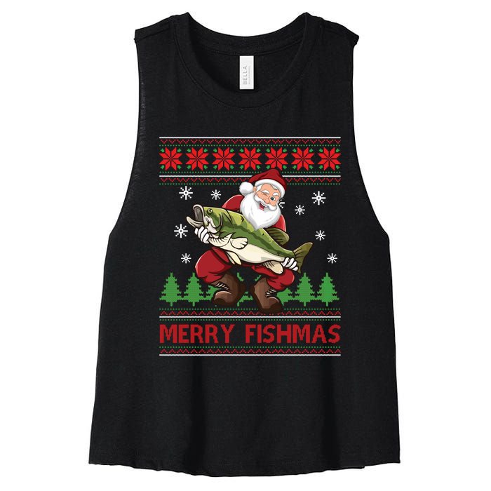 Merry Fishmas Santa Fishing Ugly Christmas Sweater Style Long Sleeve Women's Racerback Cropped Tank