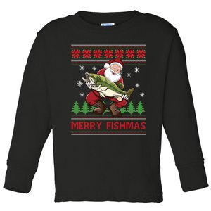 Merry Fishmas Santa Fishing Ugly Christmas Sweater Style Long Sleeve Toddler Long Sleeve Shirt