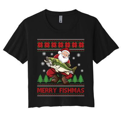 Merry Fishmas Santa Fishing Ugly Christmas Sweater Style Long Sleeve Women's Crop Top Tee