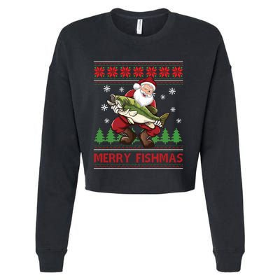 Merry Fishmas Santa Fishing Ugly Christmas Sweater Style Long Sleeve Cropped Pullover Crew