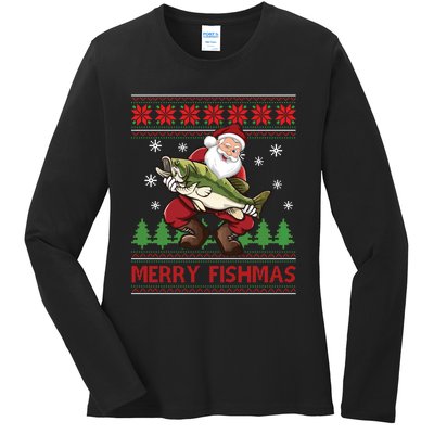 Merry Fishmas Santa Fishing Ugly Christmas Sweater Style Long Sleeve Ladies Long Sleeve Shirt