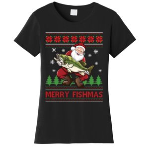 Merry Fishmas Santa Fishing Ugly Christmas Sweater Style Long Sleeve Women's T-Shirt