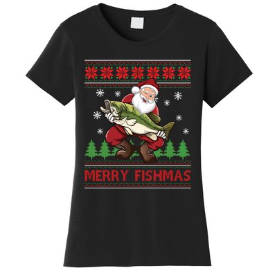 Merry Fishmas Santa Fishing Ugly Christmas Sweater Style Long Sleeve Women's T-Shirt