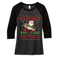 Merry Fishmas Santa Fishing Ugly Christmas Sweater Style Long Sleeve Women's Tri-Blend 3/4-Sleeve Raglan Shirt