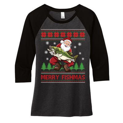 Merry Fishmas Santa Fishing Ugly Christmas Sweater Style Long Sleeve Women's Tri-Blend 3/4-Sleeve Raglan Shirt