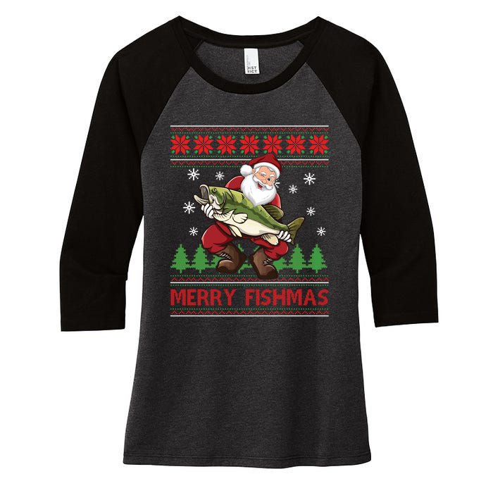 Merry Fishmas Santa Fishing Ugly Christmas Sweater Style Long Sleeve Women's Tri-Blend 3/4-Sleeve Raglan Shirt