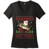 Merry Fishmas Santa Fishing Ugly Christmas Sweater Style Long Sleeve Women's V-Neck T-Shirt