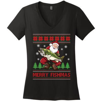 Merry Fishmas Santa Fishing Ugly Christmas Sweater Style Long Sleeve Women's V-Neck T-Shirt