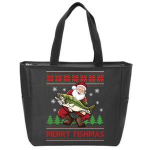 Merry Fishmas Santa Fishing Ugly Christmas Sweater Style Long Sleeve Zip Tote Bag