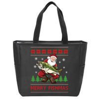 Merry Fishmas Santa Fishing Ugly Christmas Sweater Style Long Sleeve Zip Tote Bag