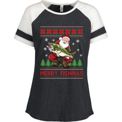 Merry Fishmas Santa Fishing Ugly Christmas Sweater Style Long Sleeve Enza Ladies Jersey Colorblock Tee