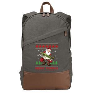 Merry Fishmas Santa Fishing Ugly Christmas Sweater Style Long Sleeve Cotton Canvas Backpack