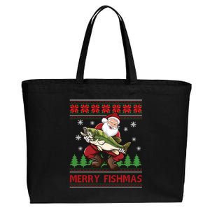 Merry Fishmas Santa Fishing Ugly Christmas Sweater Style Long Sleeve Cotton Canvas Jumbo Tote