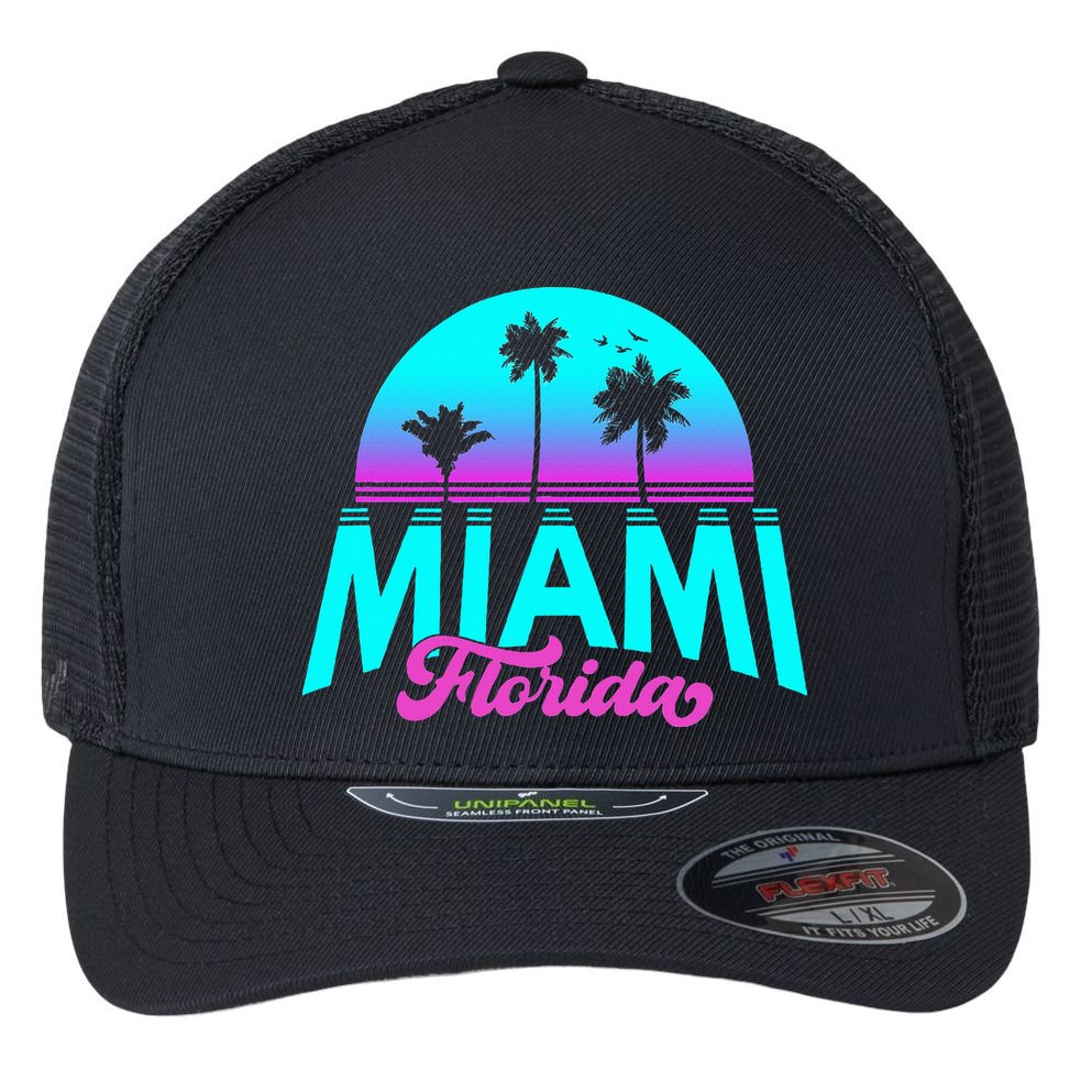 Miami Florida Sunset Flexfit Unipanel Trucker Cap