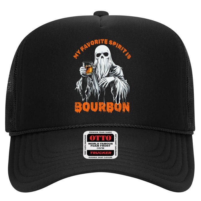 My Favorite Spirit Is Bourbon Halloween Ghost Costume High Crown Mesh Back Trucker Hat