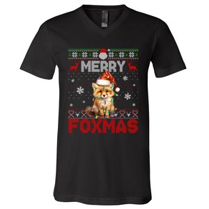 Merry Foxmas Santa Fox Lights Fox Lovers Ugly Xmas V-Neck T-Shirt