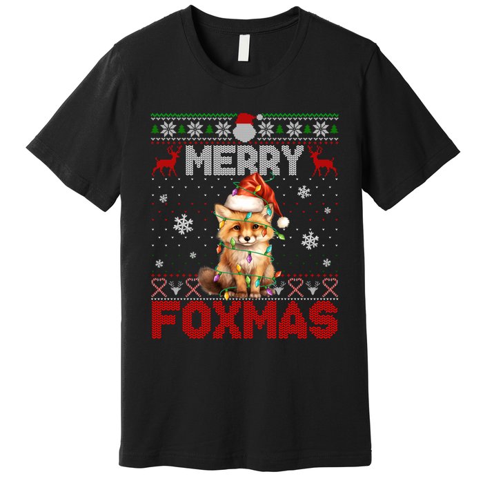 Merry Foxmas Santa Fox Lights Fox Lovers Ugly Xmas Premium T-Shirt