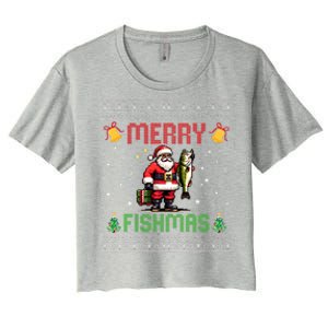 Merry Fishmas Santa Fishing Christmas Ugly Christmas Pajama Women's Crop Top Tee