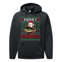 Merry Fishmas Santa Fishing Fishers Ugly Christmas Sweater Performance Fleece Hoodie