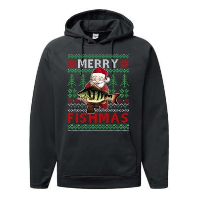 Merry Fishmas Santa Fishing Fishers Ugly Christmas Sweater Performance Fleece Hoodie